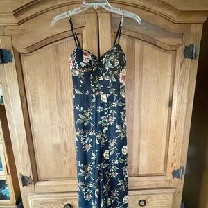 Black Tropical Print Wide Slit Leg Jumpsuit Romper Spaghetti Strap Vacation XS